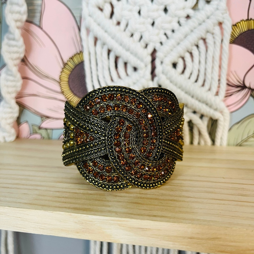 Wide Ornate Knotted Design Brass Bangle Bracelet Orange Rhinestones | Hinged‎